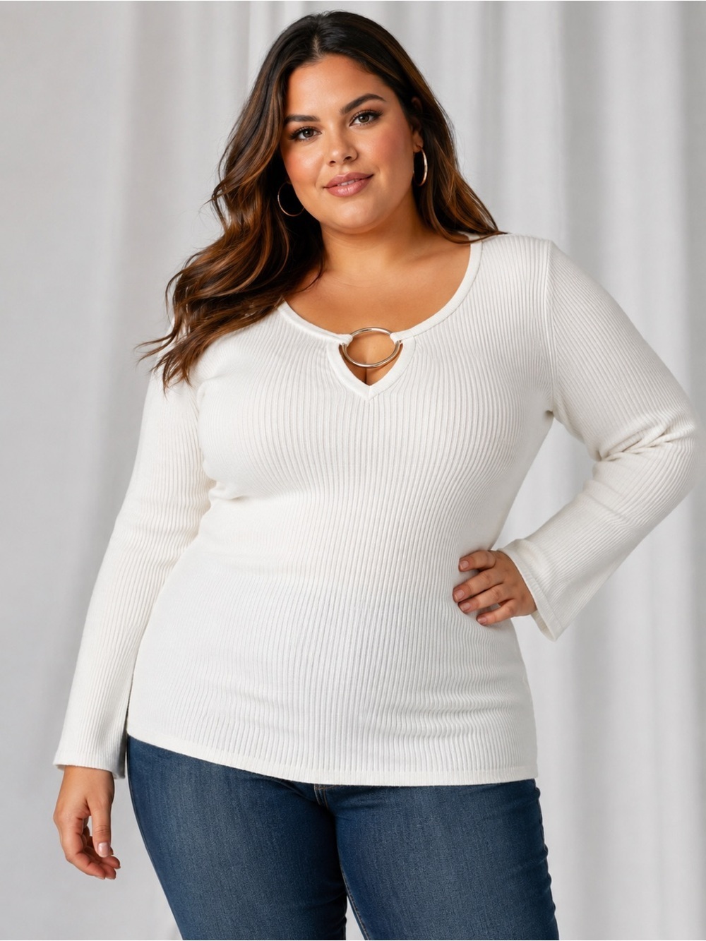Ashley Stewart White Ribbed Ring Front Women's Sweater (684)